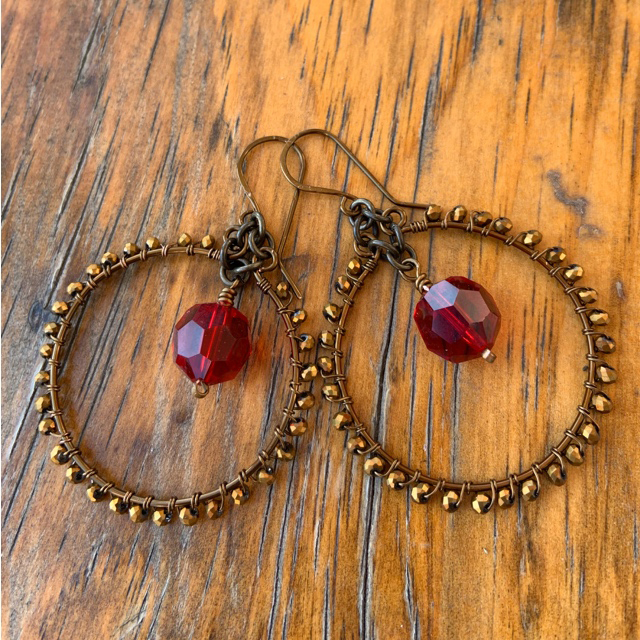 Vintage Red Swarovski Crystal Round Wire Wrapped Crystal Earrings