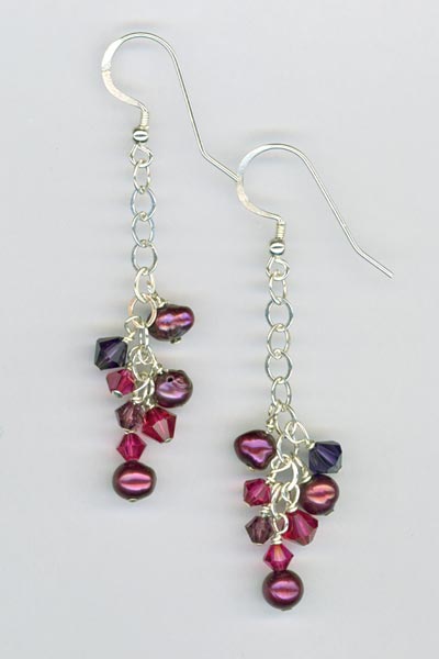 Purple Pearl crystal cluster chain earrings