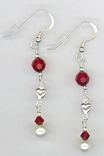 siam red pearl heart earrings