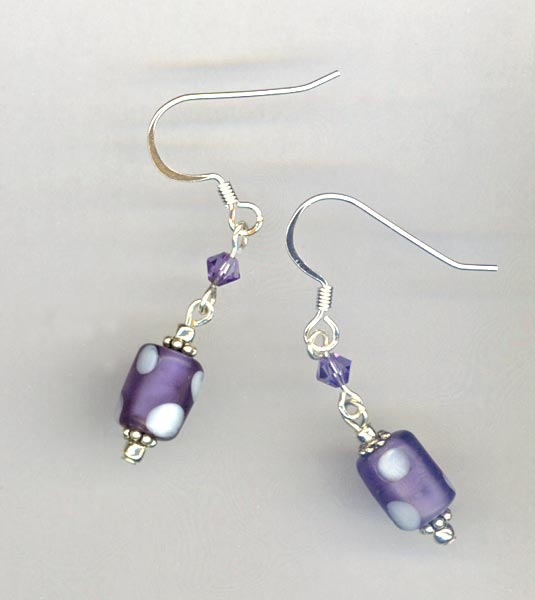 purple white pokldot crystal earrings