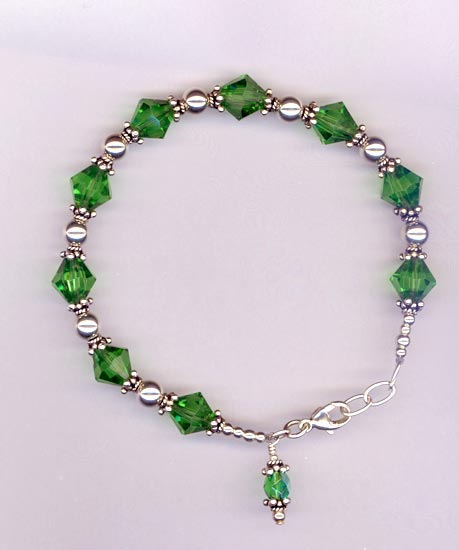 Emerald Green Crystal Sterling Silver Beaded Bracelet