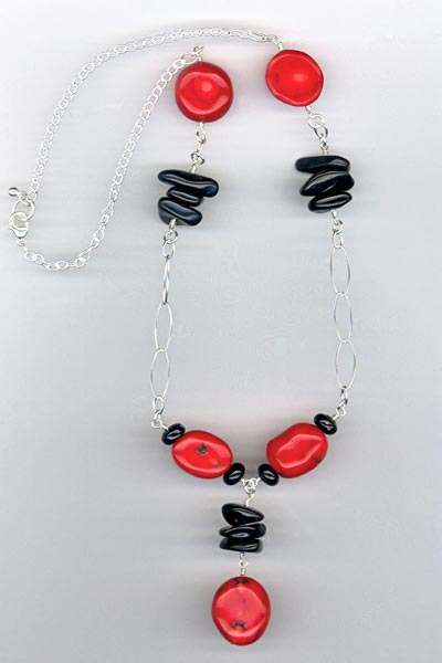 Red Coral Black gemstone chain necklace