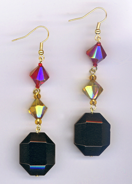 black, red, gold triple dangle earrings