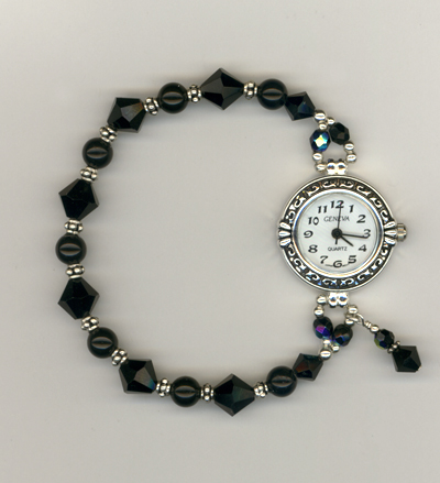 Jet black crystal pearl stretch watch